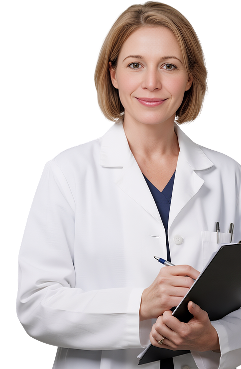A female doctor stands confidently, holding a clipboard and reviewing patient information in a clinical setting.
